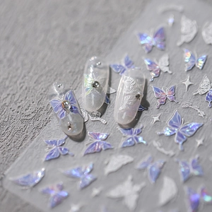Laser butterfly nail stickers with purple holographic finish and pearl luster texture