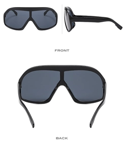 Front and back view of black oversized fashion sunglasses with dark grey lenses