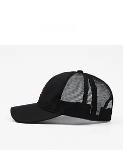 Side view of black breathable mesh baseball cap with red embroidery and curved brim