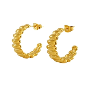 Textured gold stainless steel C-shaped hoop earrings for women in minimalist style