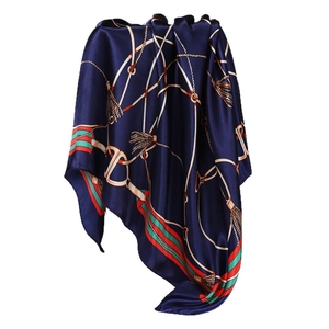 90cm navy square silk scarf with vintage equestrian print and golden tassel pattern