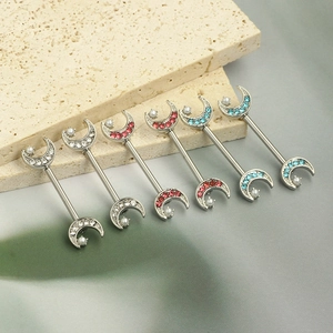 Symmetric moon nipple rings with pearls and rhinestones in six assorted colors