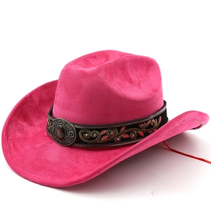 Detail of rose red cowboy hat with embroidered ethnic band and gemstone buckle