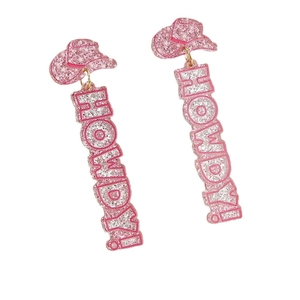 Pink sequin cowboy hat earrings with Howdy charm in Western aesthetic style