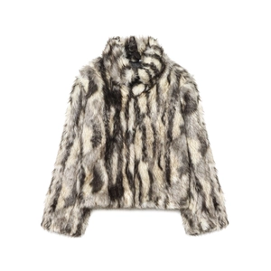 Faux Fur Coat Women Stand Collar Long Sleeve Plush Jacket Winter Warm Elegant Animal Pattern Texture Outerwear Fashion