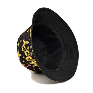 Detail of Happy birthday embroidery and 3D lettering on a black cotton bucket hat