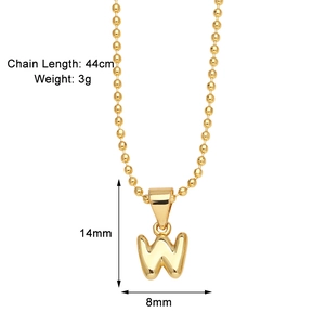 Technical drawing of the gold W letter pendant showing 14mm height and 44cm chain length