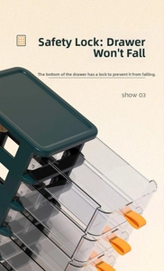 Detail of transparent desk drawer with safety buckle and orange handle for storage