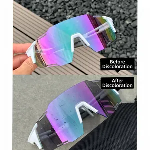 Polarized photochromic cycling sunglasses with purple-green gradient lenses and white frame