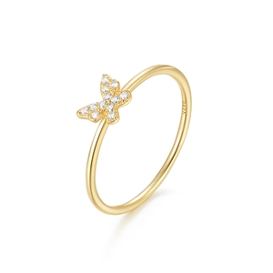 Golden 925 sterling silver butterfly ring with sparkling zircon stones on white background