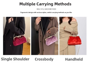 Detailed comparison of vintage velvet clasp bags in burgundy, red, and light purple tones