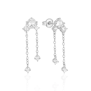Close-up of S925 sterling silver drop earrings with sparkling zircon chain tassels