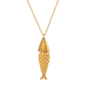 Detailed close-up of golden fish pendant with scaled texture and small diamond eye