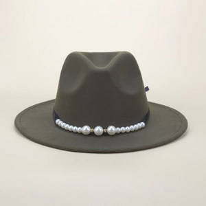 Detailed view of the dark grey felt fedora featuring elegant pearl and ribbon decoration