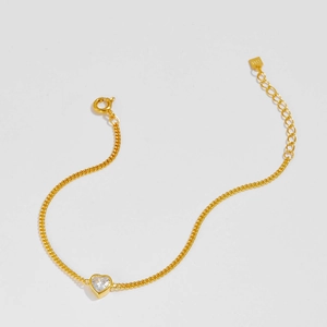 Elegant S925 silver 18K gold heart-shaped zircon bracelet with minimalist chain design