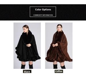 Detail view of knitted ponchos with faux rabbit fur trim in black and coffee brown