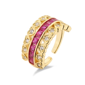 Gold-plated open ring featuring a square red zircon and heart-shaped crystal accents