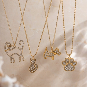 Stainless Steel Cute Animal Pendant Necklace For Women Gold Plated Dog Cat Bone Paw Pendant Rhinestone Inlaid Fashion Jewelry Gift