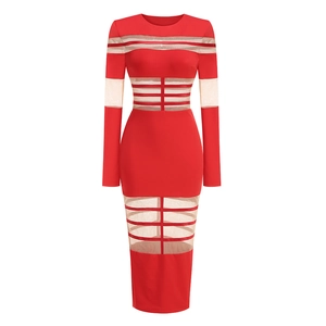 Elegant red bodycon dress featuring mesh patchwork and a slimming high-waisted long silhouette