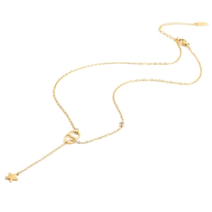Golden Y-shaped stainless steel necklace featuring D-letter, zircon and star pendant