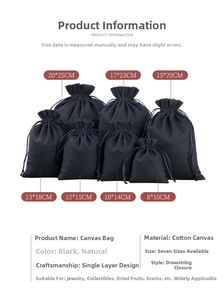 Size guide for canvas drawstring bags in 7 various dimensions with detailed parameters