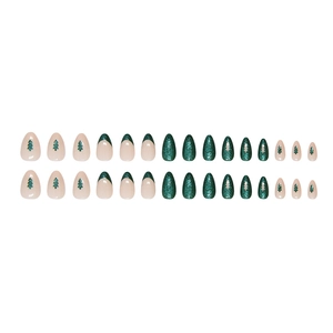 French tip Christmas tree press-on nails with green glitter and pink base for women