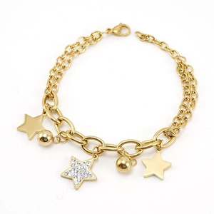 Élégant bracelet double couche plaqué or 18K avec étoiles en strass pavés et billes