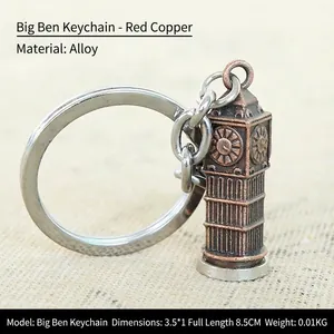 Macro shot of an antique copper alloy Big Ben model keychain with a 8.5cm metal ring link