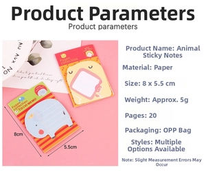 Detail view of cute animal sticky notes including chick and elephant shaped paper pads