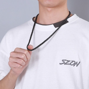 Men's titanium steel black woven Byzantine chain necklace worn by a fashion model