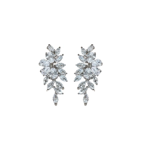 Silver leaf tassel earrings with marquise-cut zircon stones on a clean white background