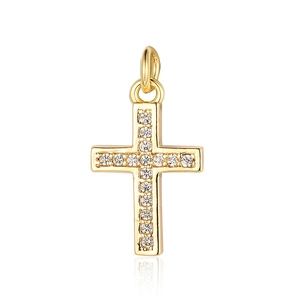 Detail of a gold-plated cross pendant with clear cubic zirconia inlay and top bail