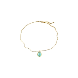 Elegant gold stainless steel necklace with a green oval opal pendant on white background