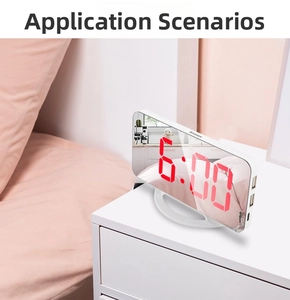 Modern white curved mirror LED alarm clock with red digital display and dual USB ports