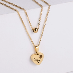 Minimalist gold-plated stainless steel layered necklace with heart and bead pendants