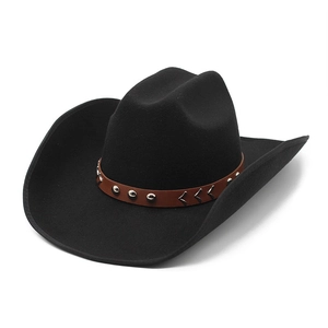 Black wool felt western cowboy hat with brown leather rivet band on white background