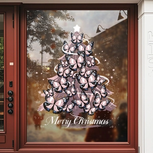 Creative Christmas tree window sticker made of pink and black butterflies for holiday decor