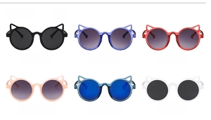 Close-up of cat-ear children's sunglasses in six colors with high-quality lenses