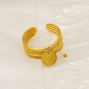 Multilayer gold stainless steel adjustable ring with coin pendant and white bead charm