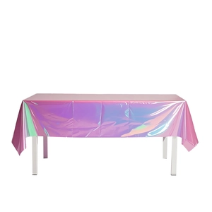 Detailed view of thick iridescent laser tablecloth with pink and purple rainbow metallic sheen