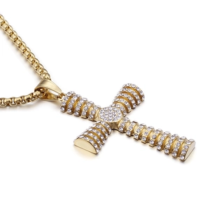 Hip hop gold plated cross pendant necklace with sparkling cubic zirconia on box chain