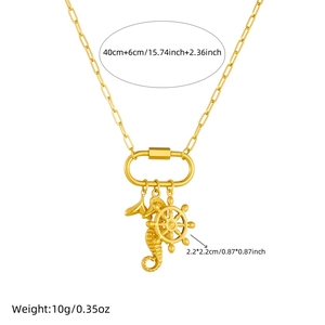 Gold plated nautical necklace with seahorse and anchor charms, 40cm chain and size info