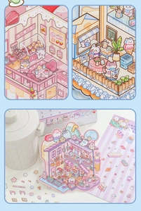 Macro shot of cute cartoon cat stickers and dessert shop DIY scenery on macaron paper