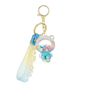 Adorable bear liquid keychain with glitter, colorful beads and gradient wrist strap