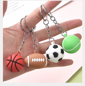 Detail of diverse sports ball keychains showing football, basketball, and tennis textures