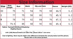 Size chart for high neck pleated dress with shoulder pads including bust and waist measurements