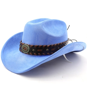 Detail of sky blue suede cowboy hat featuring a brown leather band with metal studs
