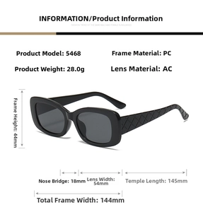 Detailed size chart of square frame sunglasses showing frame dimensions and PC material info