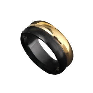 Two-tone 8mm stainless steel ring with black brushed finish and gold polished edges
