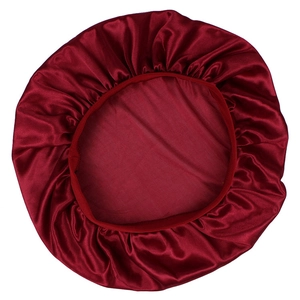 Extra large burgundy silky satin bonnet cap with elastic wide band for hair care